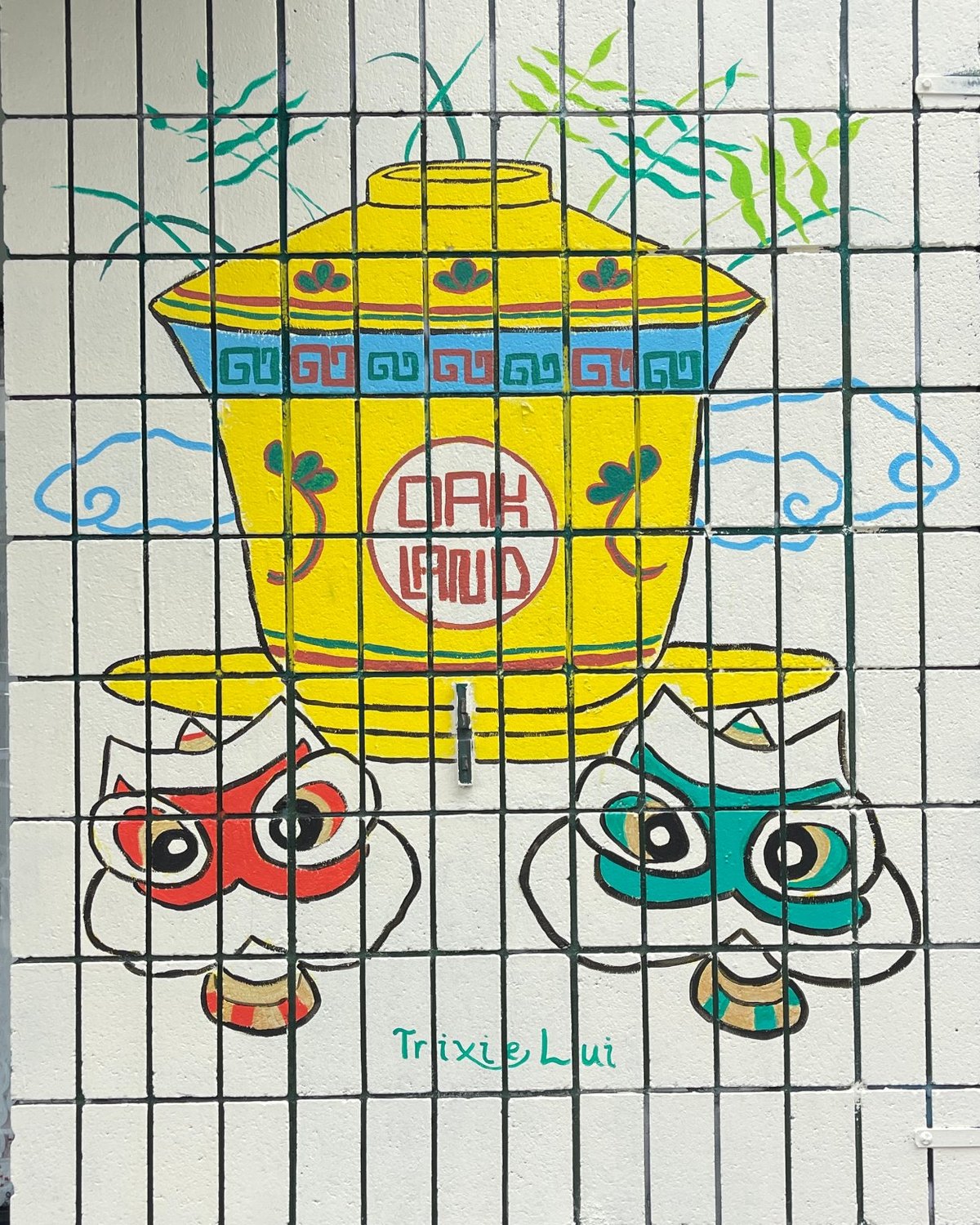 Oakland teacup and lion dance mural by Beatrix Lui