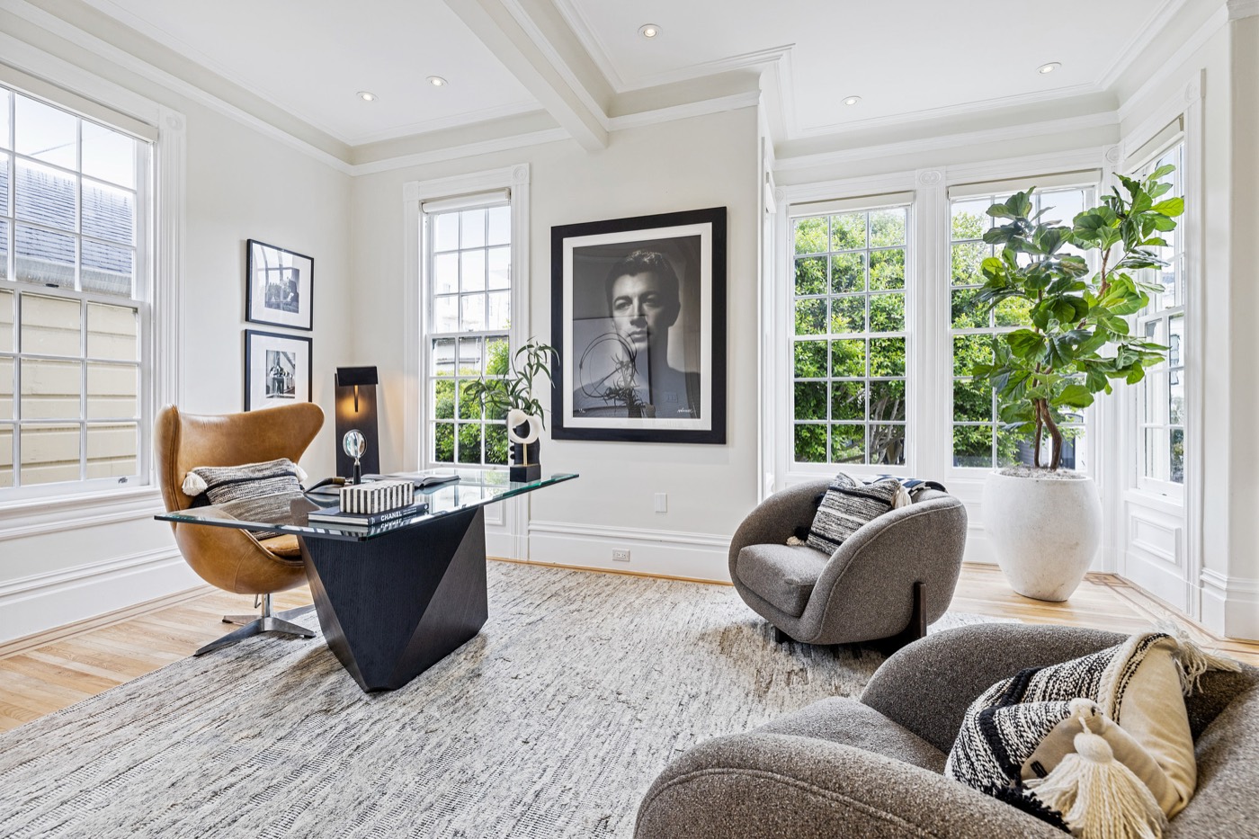 Sunlit San Francisco living room with bay windows