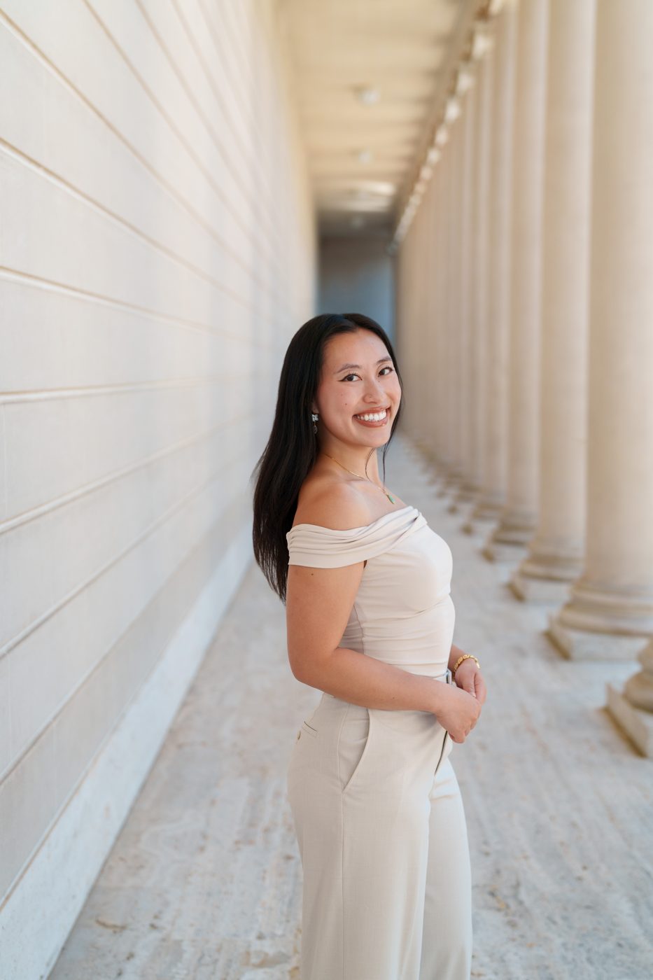 Claudia Lee in the colonnade at the Legion of Honor